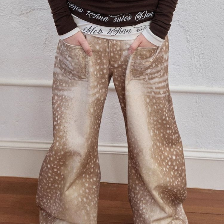 Retro Plus-size Jeans i Denim med Patineret Hjorteprint