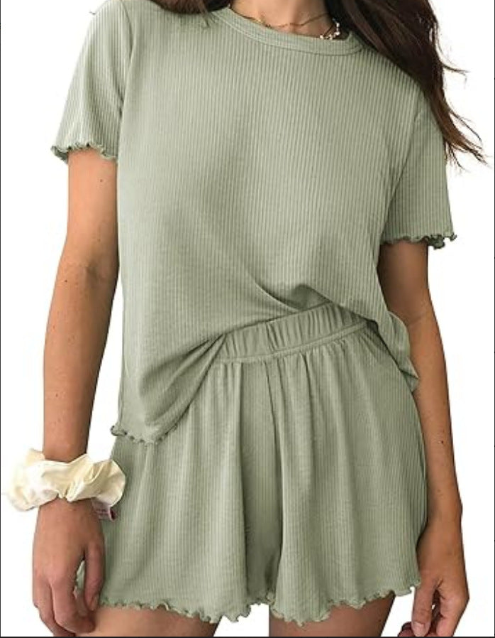Relaxed Casual Cre Neck Short Sleeve Top And Shorts Set
