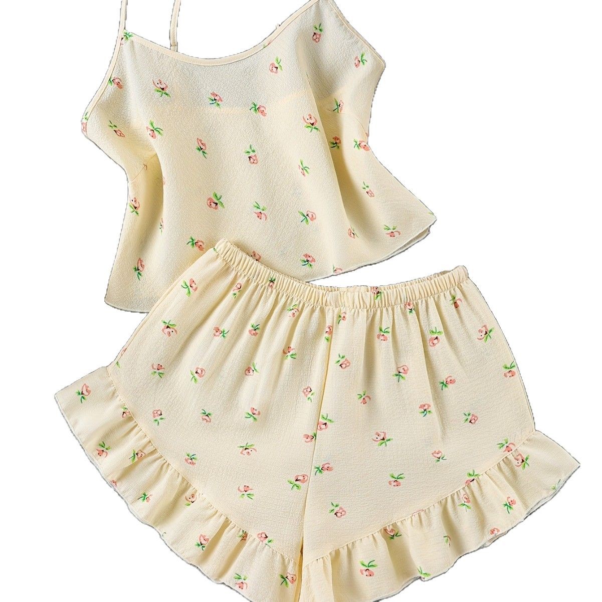 Womens Floral Bubble-Print Multi-Color Pleated Fabric Home Camisole Pajama Set
