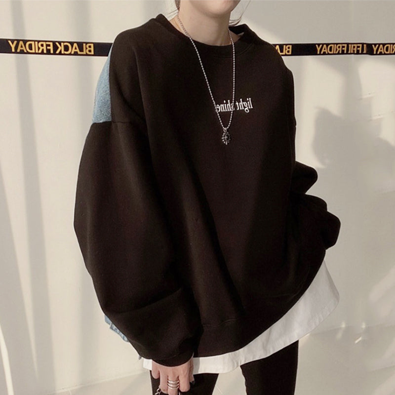 Women's Round Neck Letter Patch Denim Sweatshirt