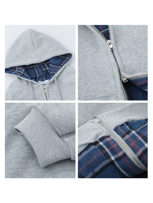Street Plaid Cardigan Hoodie Loose-fitting Hooded Coat