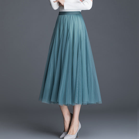 Womens Mid-Waist Pleated Flowy Mesh Lace Skirt