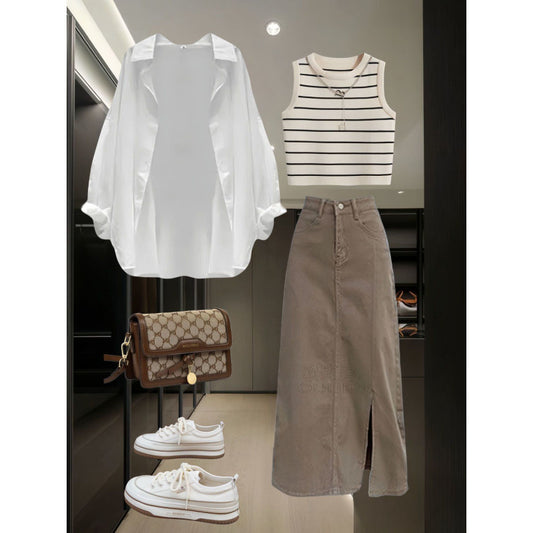 Strap Top Denim Skirt And Three-piece Set