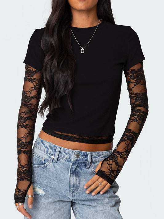 Sexy Women's Fake Two-piece Long Sleeve Crew Neck T-shirt