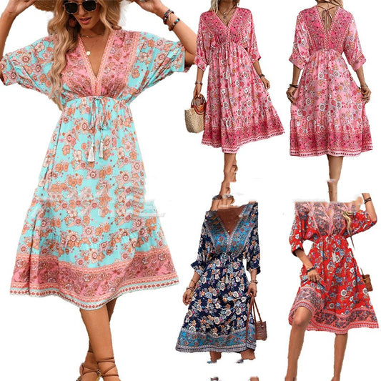Womens Bohemian Printed Dress With Regular Sleeves