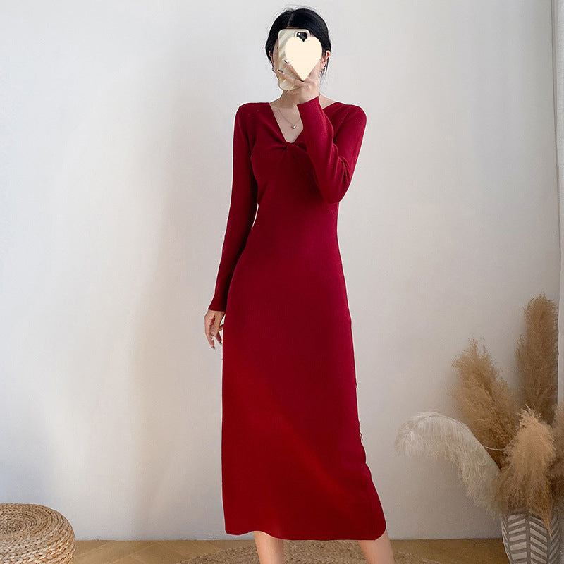 Vneck Longsleeve Knitted Bodycon Skirt