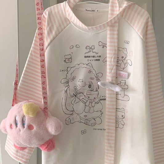 Sweet Girl Kitten Striped Round Neck Fleece-lined Sweater