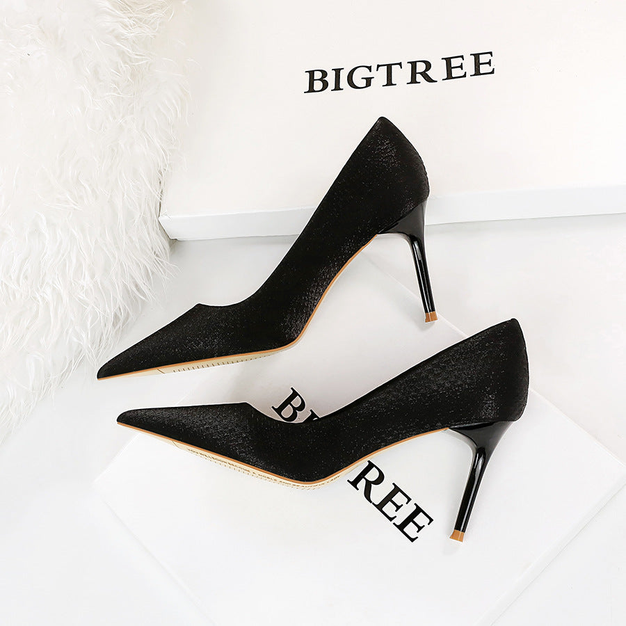 Thin Heel High Shallow Mouth Pointed Silk Shoes