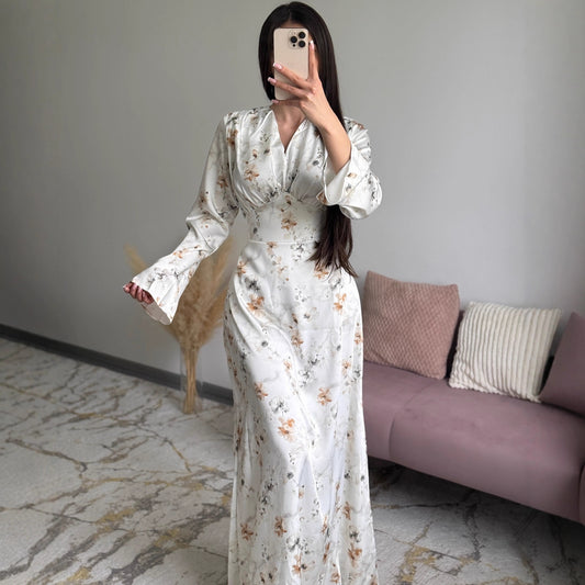 European And American Spring High-End French-Style V-Neck Satin Printed Maxi Dress