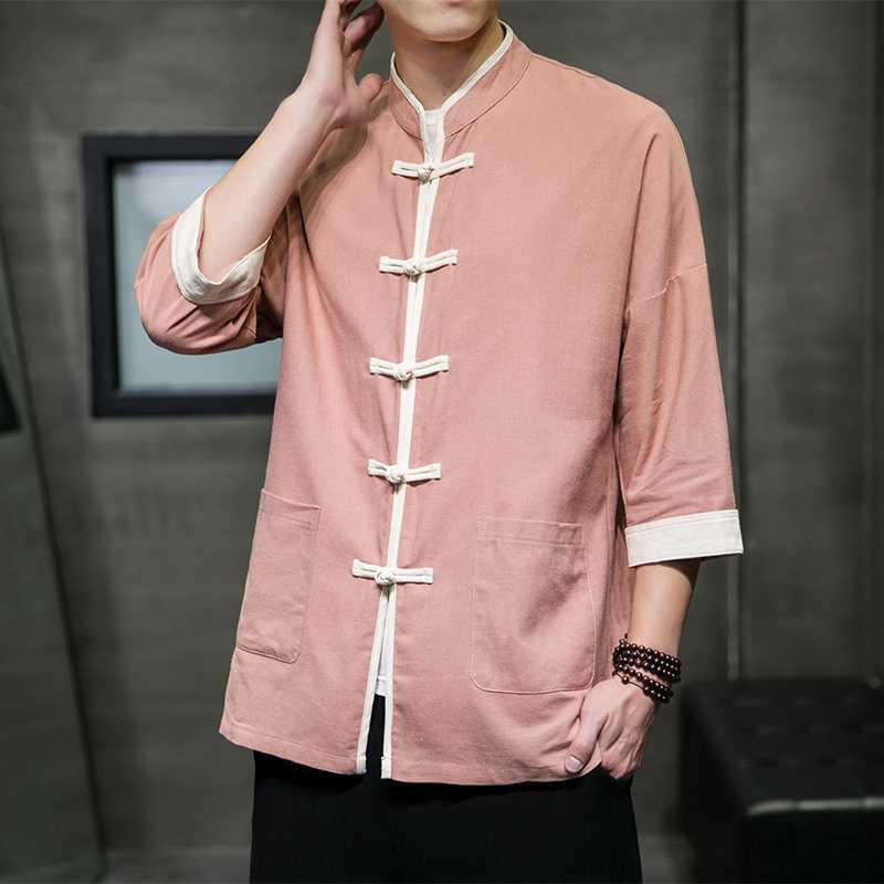Chinese Style Summer Thin Cotton Linen Short Sleeve Shirt Chinese Button Knots Tang Suit