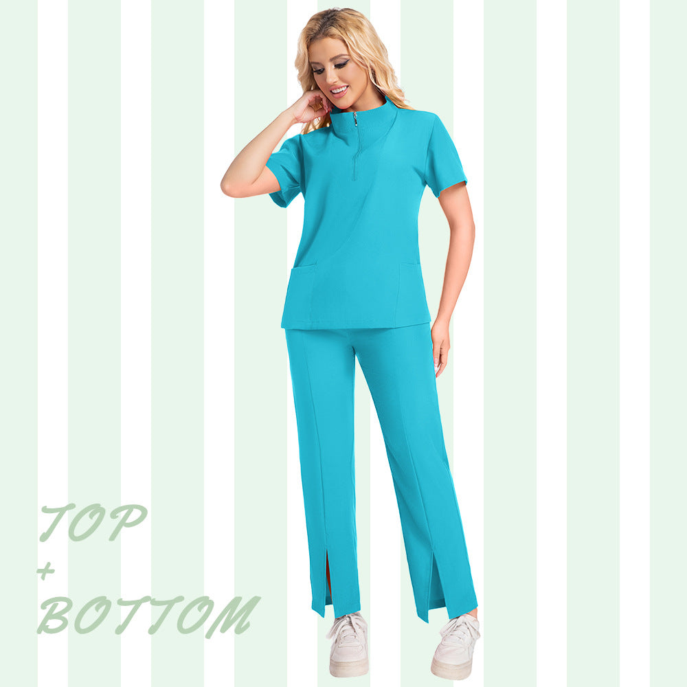 New Summer Casual Stand Up Collar Zipper Short Sleeved Surgical Gown