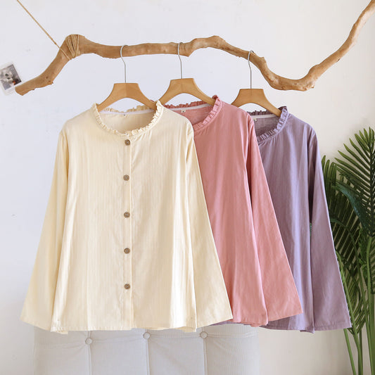 Lace-trimmed Mesh Top With Long Cotton-silk Sleeves For Loungewear