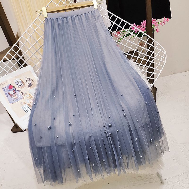 Pleated Mesh Skirt Women's Mid-length High Waist Long Skirt