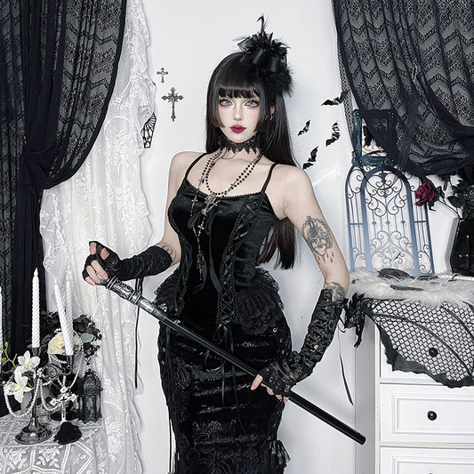 Velvet Lace Patchwork Camisole Subculture-Style New Sexy Dark Chic Tank Top