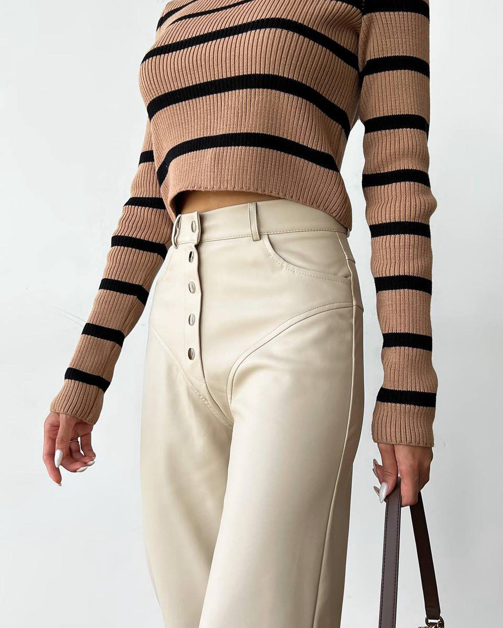 Autumn And Winter High Waist Leather Stitching Length Women's Casual Pants