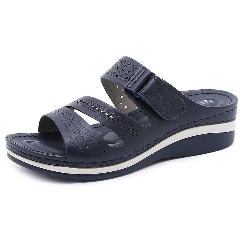 Hollow Wedge Platform Shoes With Velcro Solid Color Casual Roman Slippers