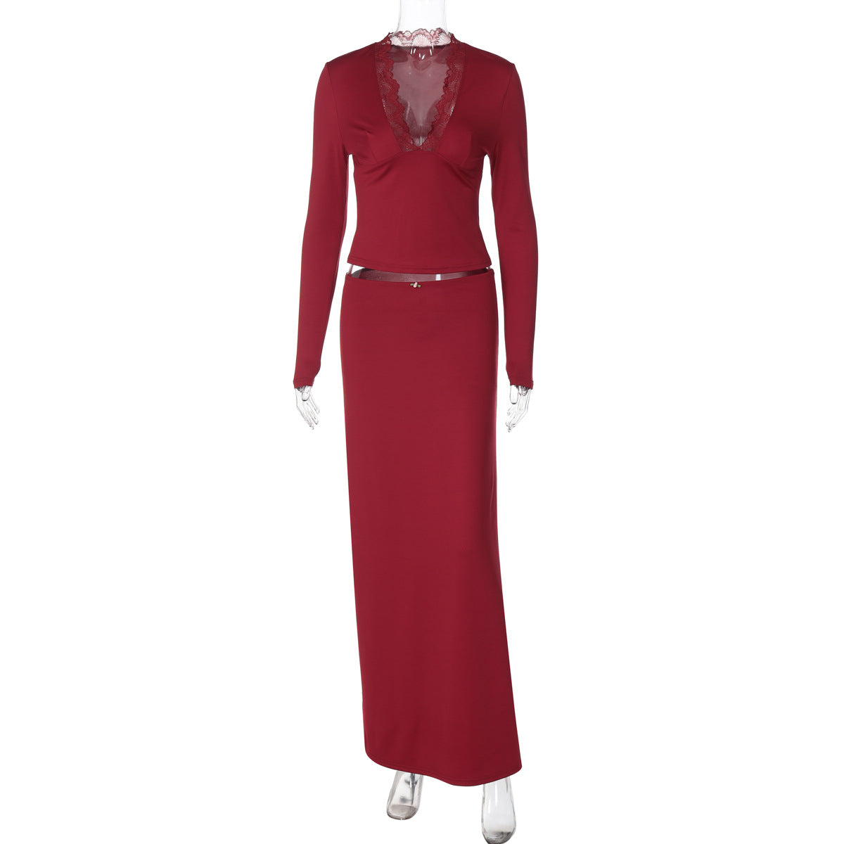 Womens Solid-color Long-sleeve Top And Maxi Skirt Two-piece Set