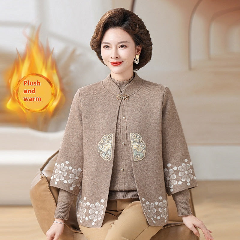 Middle-aged And Elderly Women's Knitting Sweater Cardigan Autumn And Winter Two-piece Set
