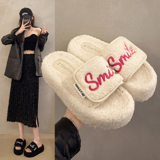 NEW Velcro Letters Thick Bottom Fluffy Slippers Women's Outer Wear