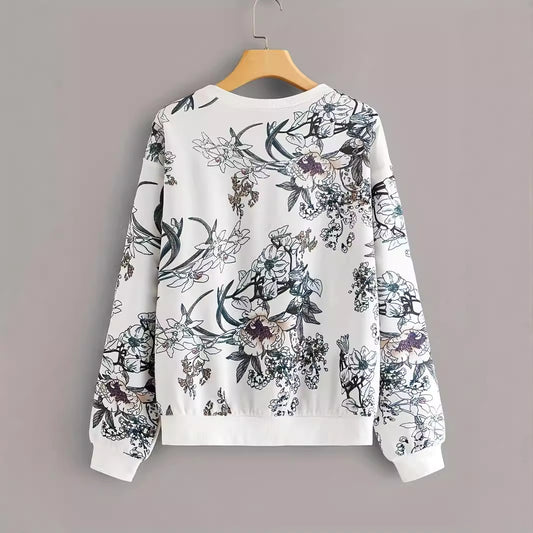 Rundhalset Sweater med Blomsterprint og Drop Shoulder