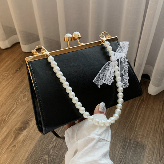 Summer Retro Leather Small Square Bag, Pearl Clip, Shoulder Messenger Bag, Simple Style Handbag