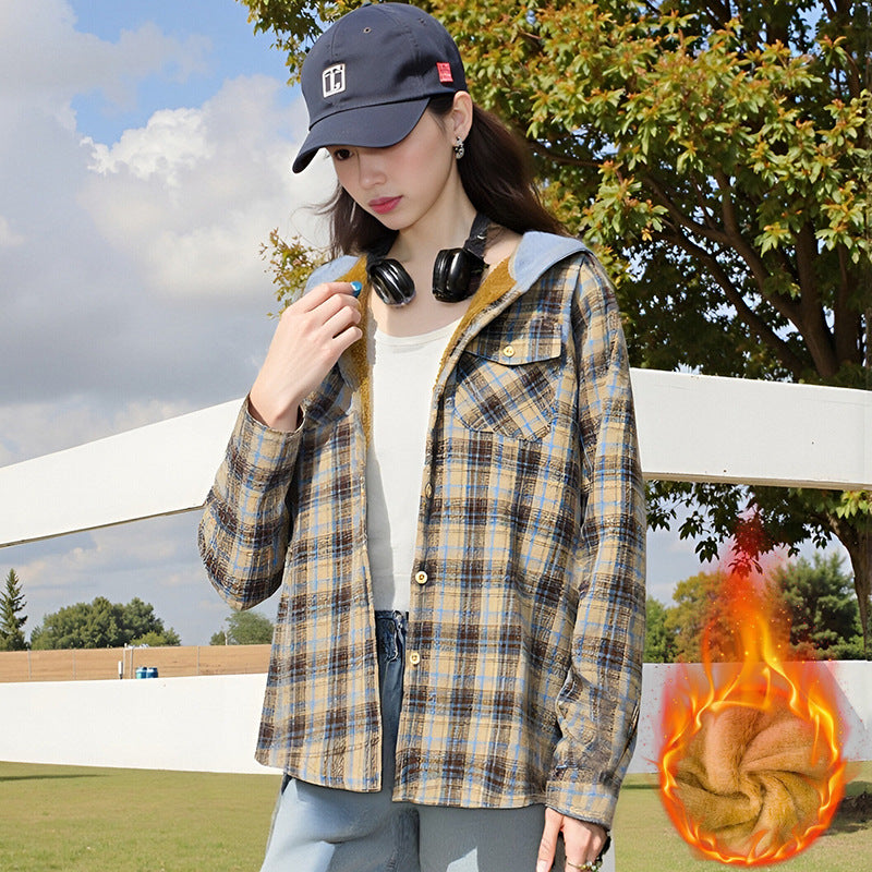 Casual And Loose Hooded Plaid Shirt Top For Women