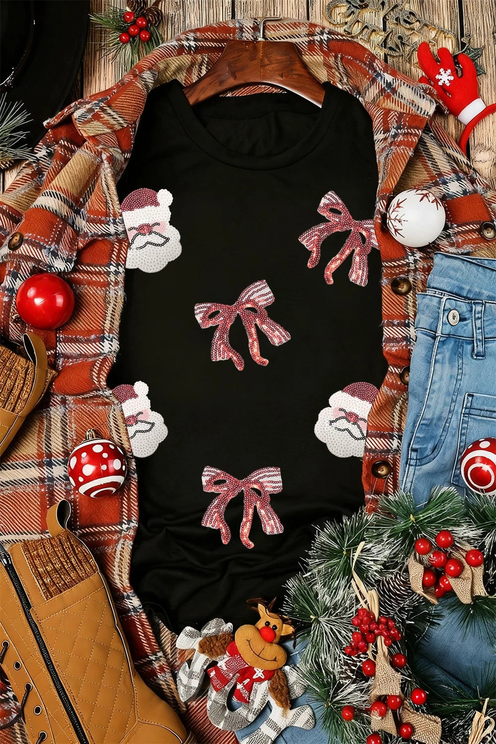 Black Colored Santa Claus Bow T-shirt