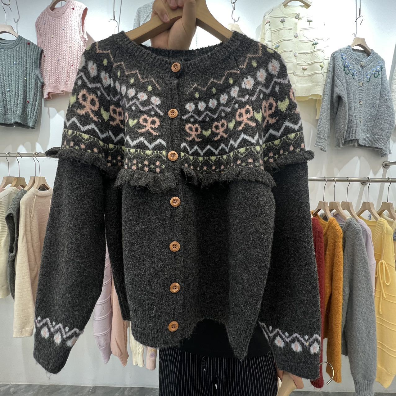 Sløjfe farvet strikket cardigan frakke dame efterår og vinter løst design retro rund hals