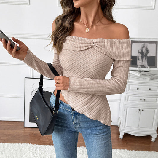 Strikket ensfarvet langærmet off-shoulder med uregelmæssig kant til kvinder