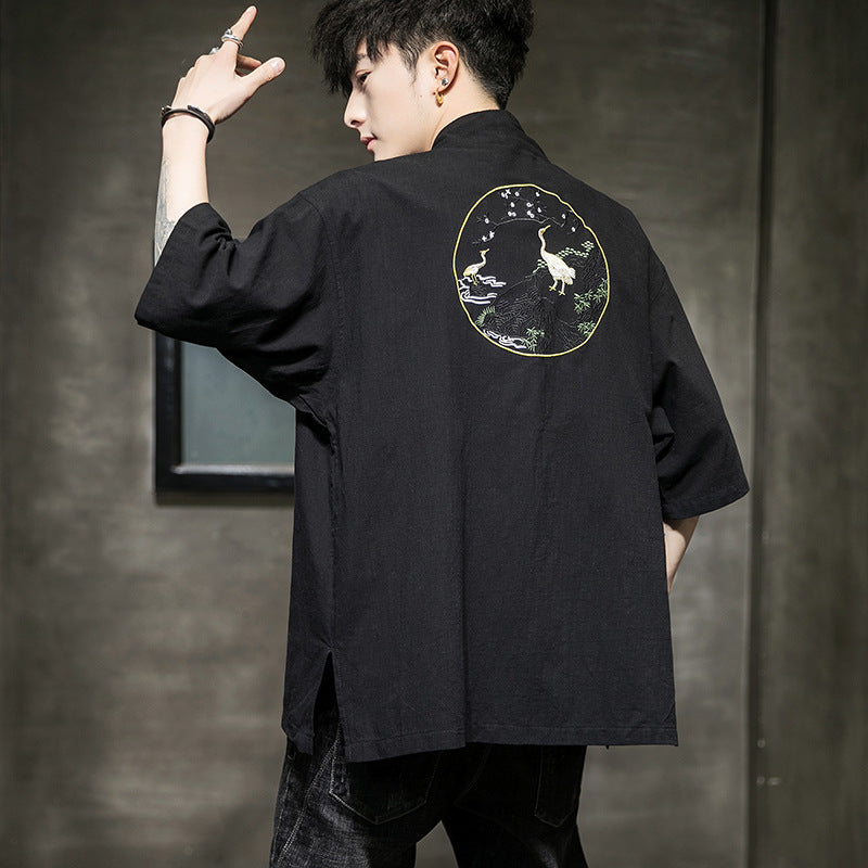 Men's Chinese Style Cotton And Linen Casual Embroidered Cardigan