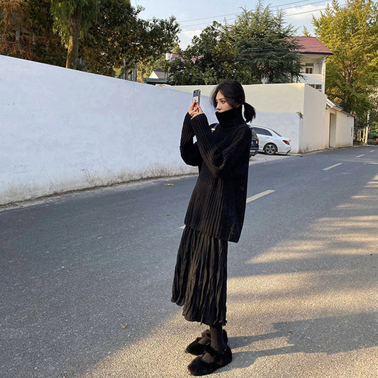Velvet Pleated Long Skirt A-line Half Length Skirt