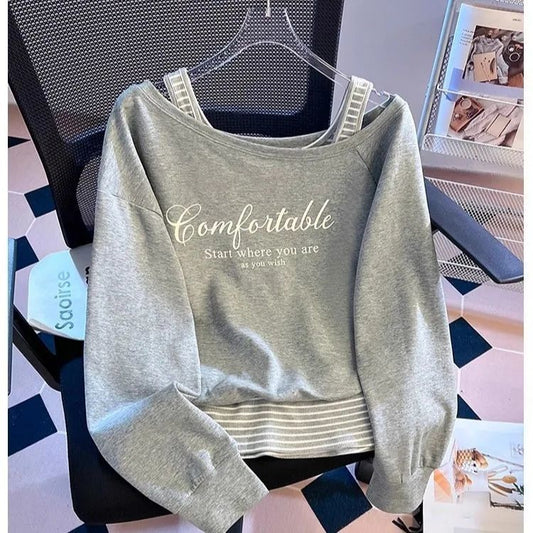 Plus size off-shoulder stribet patchwork falsk todelt sweater til kvinder – efterårsnyhed