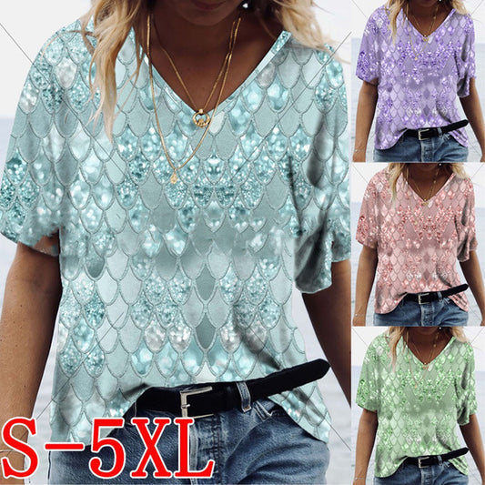3D Printed Loose V Neck Short Sleeve T Shirt Top