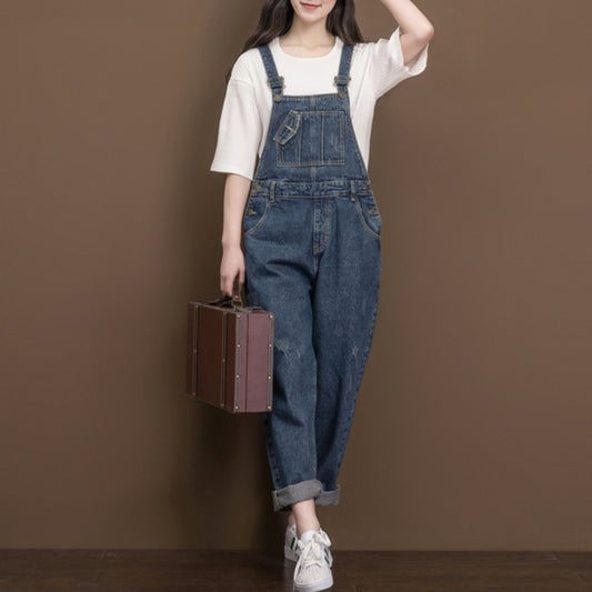 Artistic Washed Denim Cotton Suspender Pants Student Female