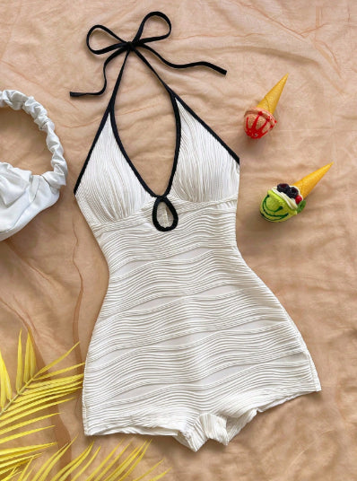 Slimming Halter Jumpsuit Bikini In Solid Color Body-Flattering Tummy-Hiding Waist-Slimming And Sun-Protective