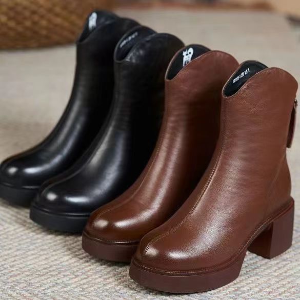 Women's Autumn And Winter Thick Heel Real Soft Leather High-heeled Martin Boots