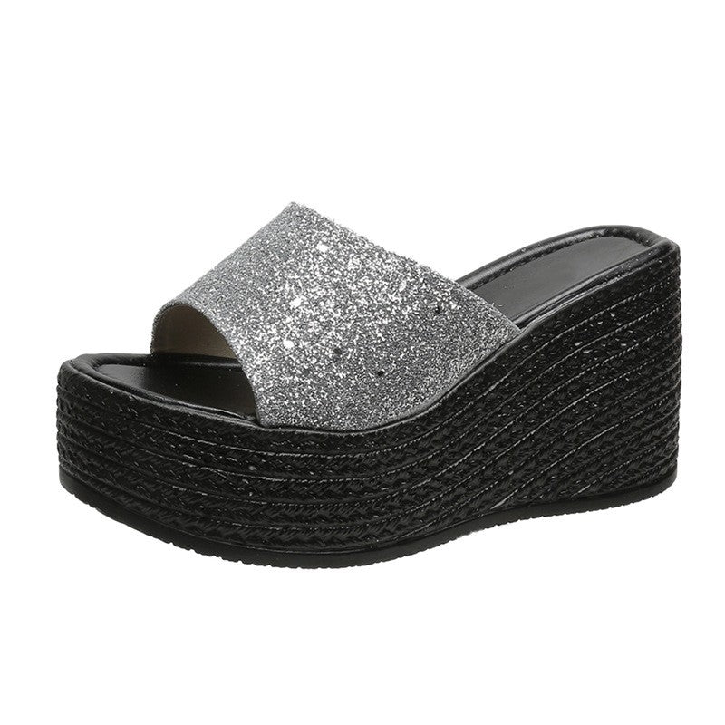 Thick Sole Sequin Mesh Red Fashion Casual Slippers