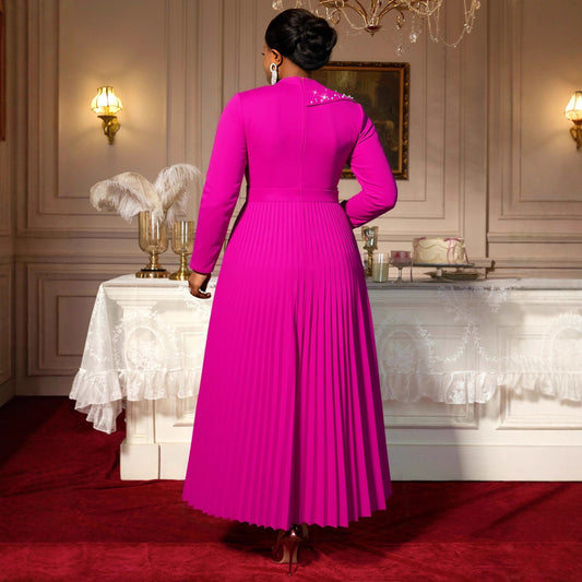 Womens Mandarin-collar Rose-red Beaded Dress