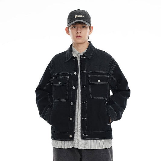 Color Stitching Turnover Neck Cowboyjakke til Mænd og Kvinder Cityboy Løs Arbejdstøj Casual Jakke