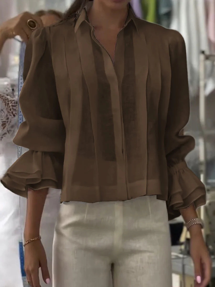 Pleated Solid Color Stitching Short Sleeve Shirt