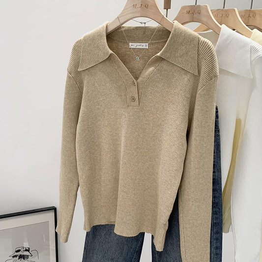 Polo Collar Button Base Long Sleeve Inner Wear Short Sweater Beautiful Top