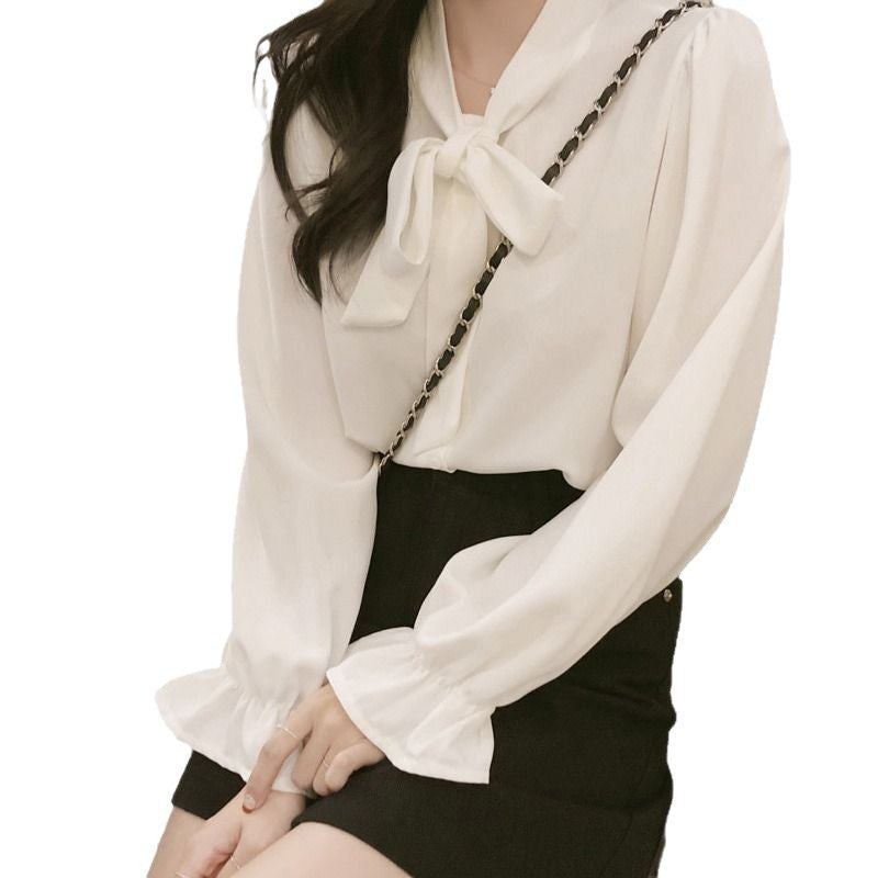 New Hong Kong Style Retro Bow-neck Loose-fit Chiffon Long-sleeve Top