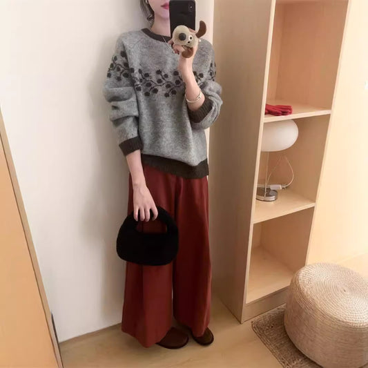 Korean Style Round Neck Jacquard Color Matching Niche Design Sweater