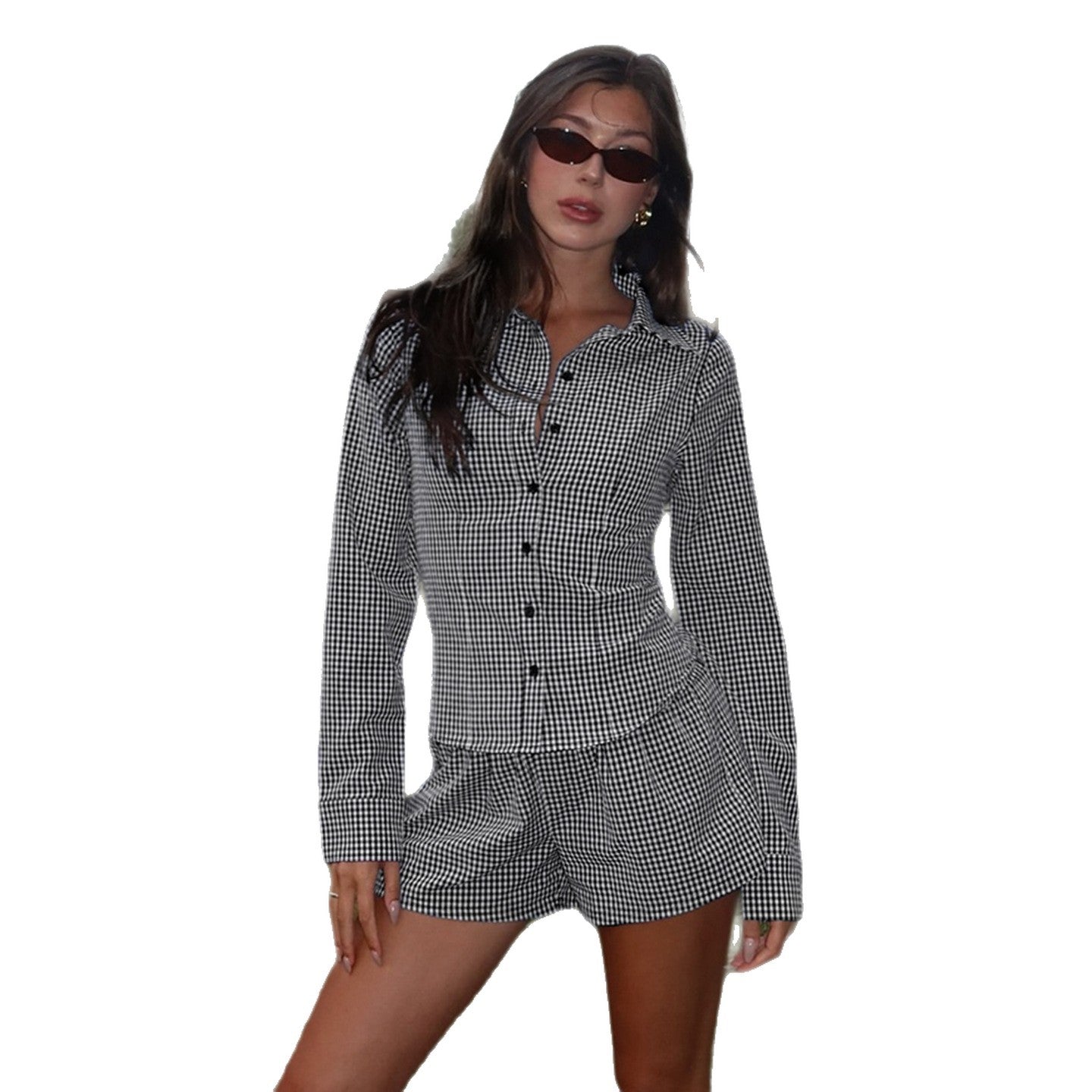 Sæt med skovmandsskjorte, cardigan og shorts med elastiktalje