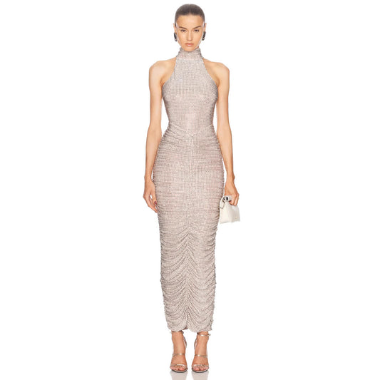 French-style Rhinestone-embellished Strap Backless Dress