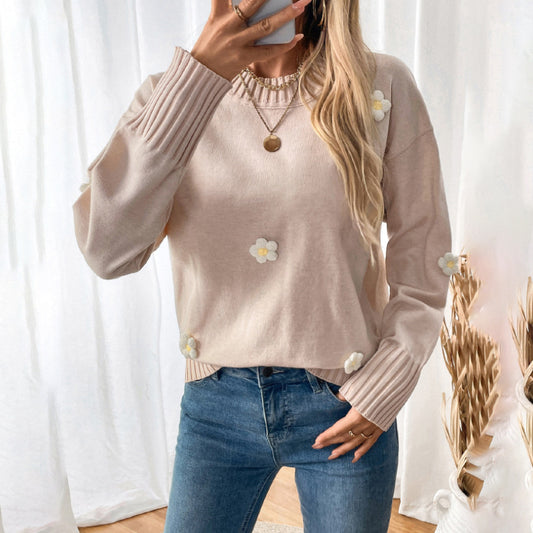 Flower Decorative Knitted Pullover Crew Neck Sweater