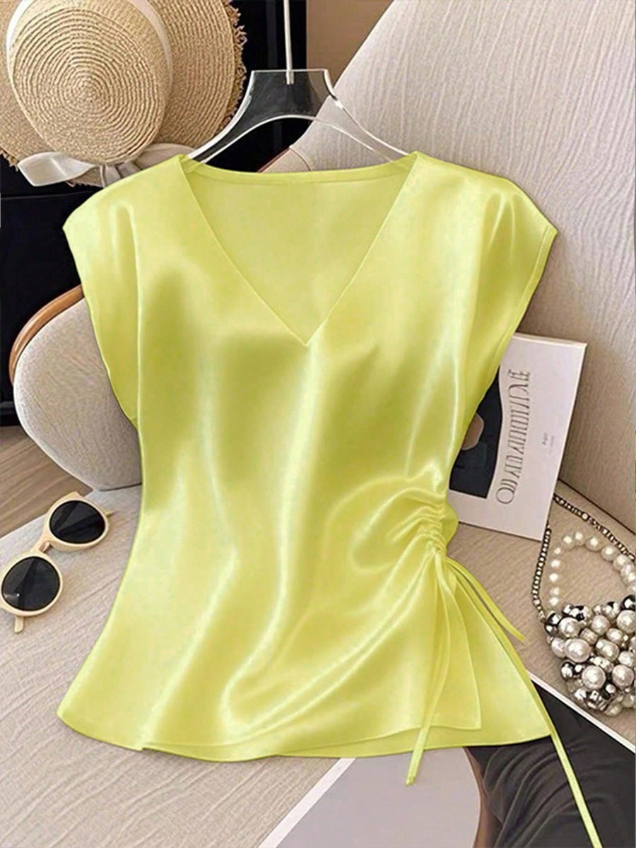 Womens Solid-Color Casual Satin V-Neck Top With Drawstring Hem