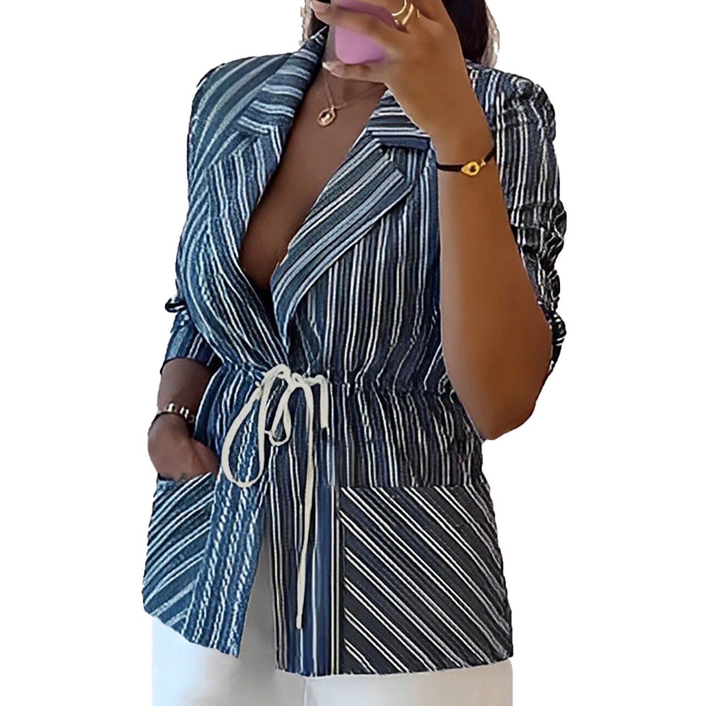 Womens Striped Printed Coat With Long Sleeves Defined Waist And Tie-Back Design