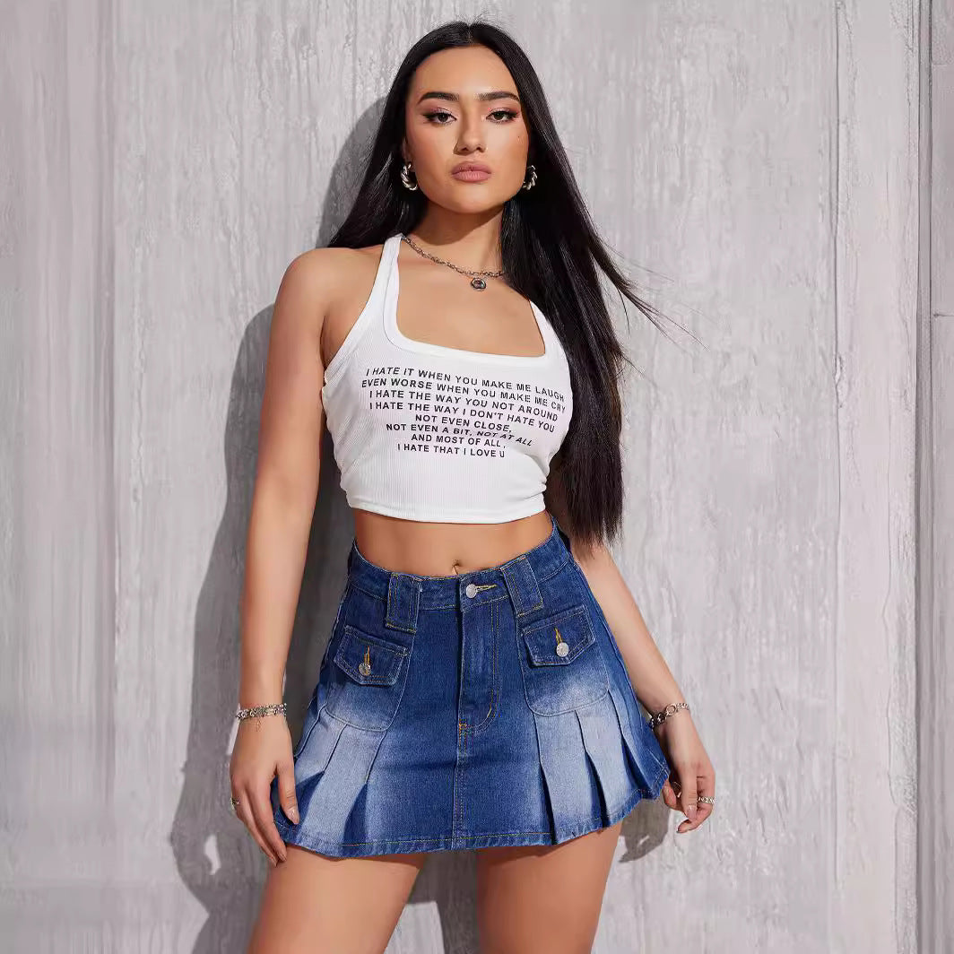 Fashionable All-match Stretch-free Workwear Pleated Denim Skirt