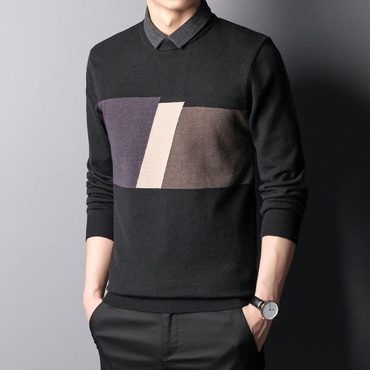 Colorblock Slim Top Efterår Vinter Herreskjorte Krave Strik